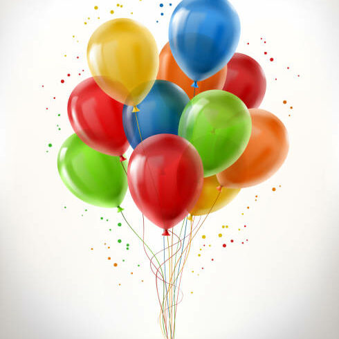 Vector realistic bunch of flying glossy balloons, multicolored, filled with helium isolated on white background. Clipart with decorative objects for holidays, birthday, carnival parties, events